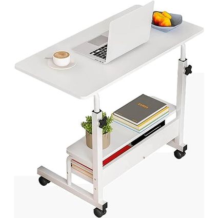 Dekhaoxe Adjustable Height Mobile Computer Desk for Small Space Rolling Writing with Wheels Corner Home Office Study Portable Bedrooms Work Size 31.5x15.7 Inch Storage Gaming Table, White