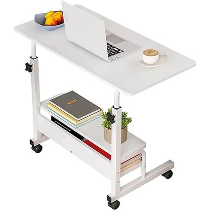 Adjustable Table Student Computer Portable Home Office Furniture Small Spaces Sofa Bedroom Bedside Desk Learn Play Game Desk on Wheels Movable with Storage Desk Size 31.5 * 15.7 Inch,White