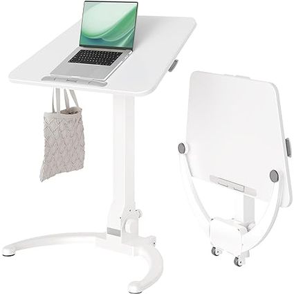 Claiks Mobile Standing Desk, Small Rolling Standing Desk, Pneumatic Height Adjustable Sit-Stand Desk with 90° Tiltable, Portable Mobile Workstation, with Non-Slip Computer Stand, White
