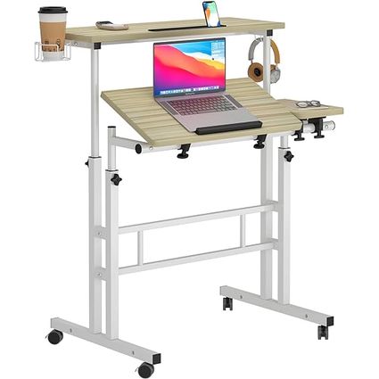 sogesfurniture Portable Standing Desk Adjustable Height, Portable Computer Desk for Home Office,Rolling Desk for Laptop with Removable Cup Holder, Adjustable Laptop Cart for Standing or Sitting,Maple