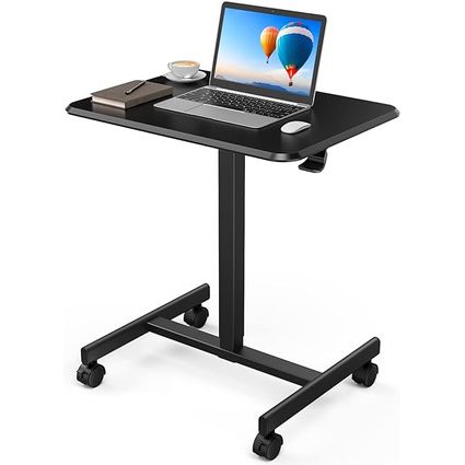 Mobile Laptop Desk Mobile Small Standing Desk Pneumatic Adjustable Height, Portable Rolling Desk Laptop Cart Ergonomic Mobile Desk with Lockable Wheels