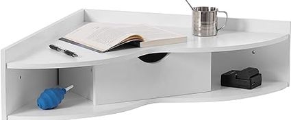 Basicwise White Corner Heart Shaped Wall Mounted Office Table with Drawer and Two Shelves Computer Writing Desk