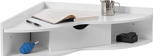 Basicwise White Corner Heart Shaped Wall Mounted Office Table with Drawer and Two Shelves Computer Writing Desk