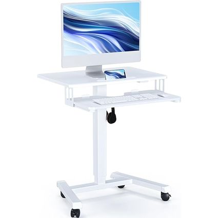 BONTEC Mobile Standing Desk with Keyboard Tray, Mobile Podium, Computer Workstation Up to 33Lbs, Laptop Sit or Stand Desk on Wheels, Height Adjustable Stand Up Table for Living Room, Bedroom, White
