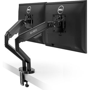 Black dual monitor clamp on desk monitor arm mount.