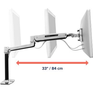 Grey single monitor arm with height and distance adjustability.