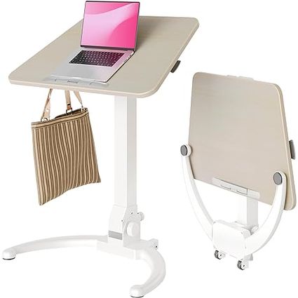 Claiks Mobile Standing Desk, Small Rolling Standing Desk, Pneumatic Height Adjustable Sit-Stand Desk with 90° Tiltable, Portable Mobile Workstation, with Non-Slip Computer Stand, Nature