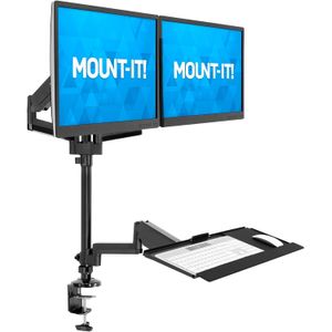 Black Dual Monitor Sit Stand Workstation with a clamp on mount.