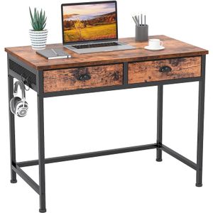 Industrial looking desk made of painted black metal and stained wood with two drawers.