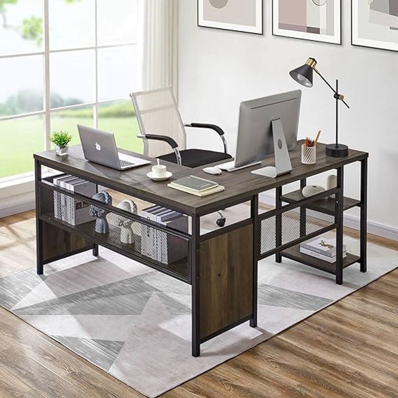 Industrial styled, spacious l-shaped desk with lots of build it storage.