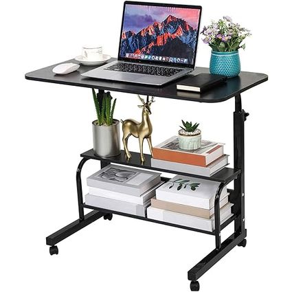 Adjustable Height Mobile Computer Desk for Small Space Rolling Writing Desk with Wheels Desk Home Office Study Desk Portable for Bedrooms Work Desk Size 31.5x15.7 Inch Black with Storage Gaming Table