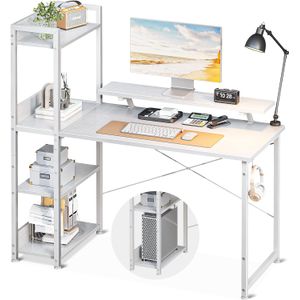 Minimalist styled, aluminum metal colored desk with built in storage on the left.