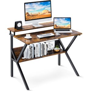 Industrial looking desk made of painted black metal and stained wood with book storage underneath and a monitor raiser.