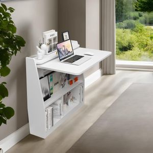 White wall mounted foldable desk with integrated storage.