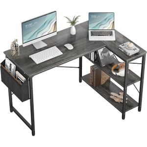 Grey L-Shaped desk with storage built into the side of the desk.