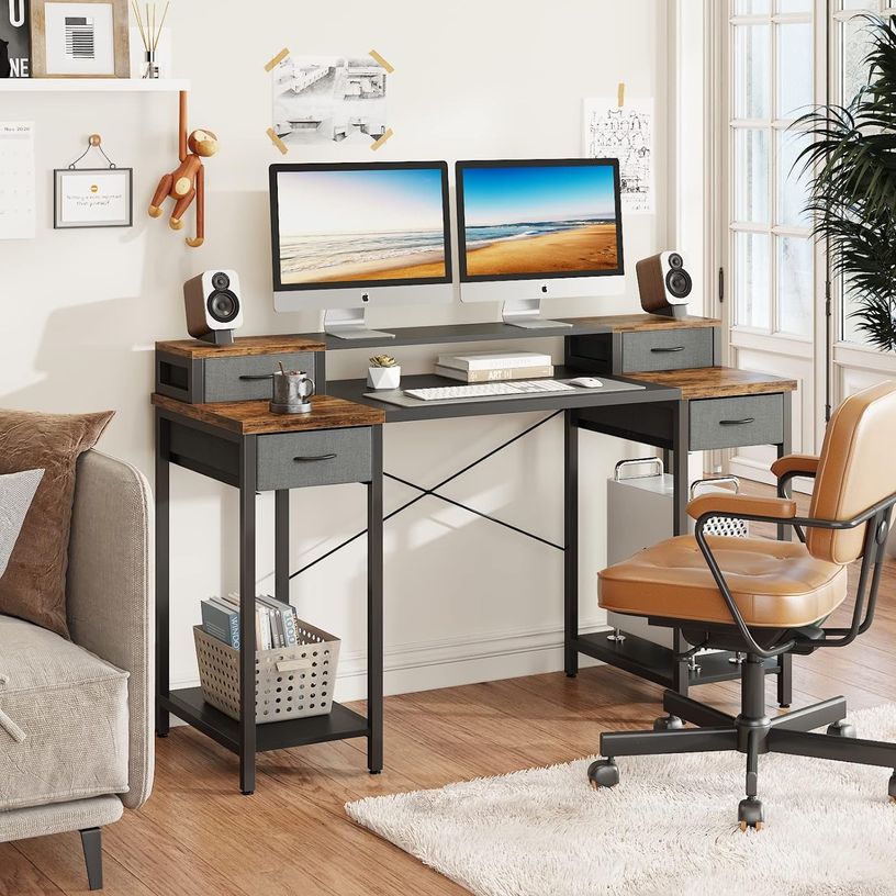 Black painted metal and wood desk, with integrated storage on side of desk and 4 drawers on top.
