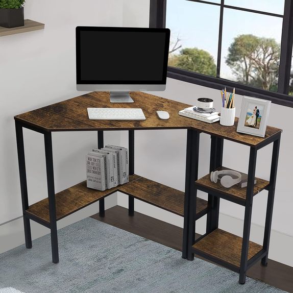 Black and brown wooden corner desk with a modular extension for additional storage