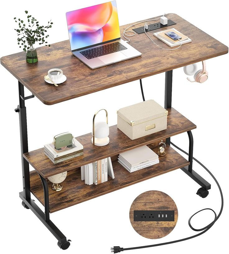 Functional sit stand desk on wheels with outlets and usb ports.