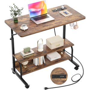 Functional sit stand desk on wheels with outlets and usb ports.