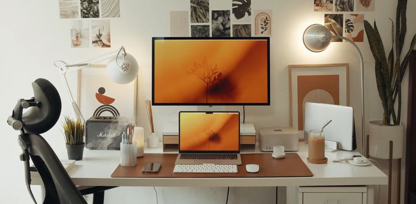 Clean brown and white color scheme desk setup