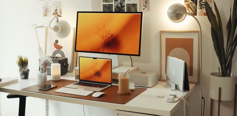 Clean brown and white color scheme desk setup