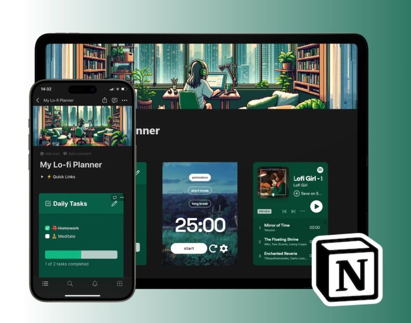 Lofi planner notion template mockup on a mobile phone and tablet